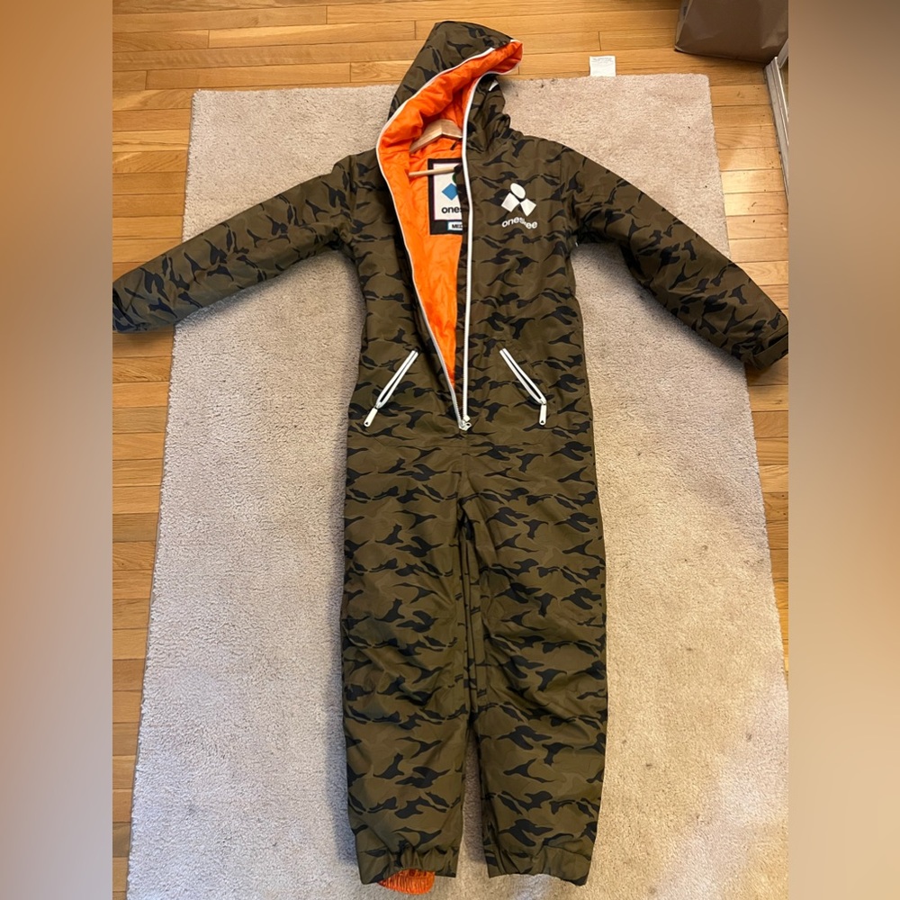 Orange/Camo Oneskee Ski Suit. Woman’s size M.